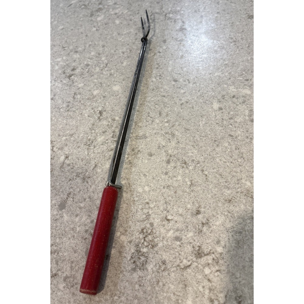 Vintage Adjustable Hot Dog Skewer Fork Campfire Tools Red Wood Handle